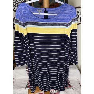 T by Talbots Blue Yellow Striped 3/4 Sleeve Dress SZ Large Zip Back & Stretchy‎